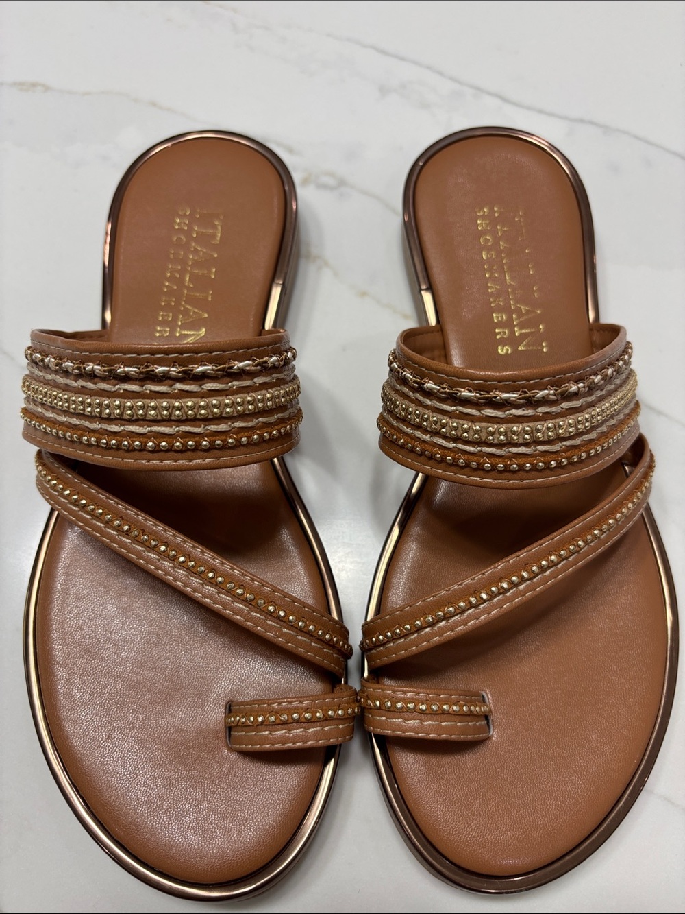 Italian Shoemakers Brown Beaded Braided Slide Sandals